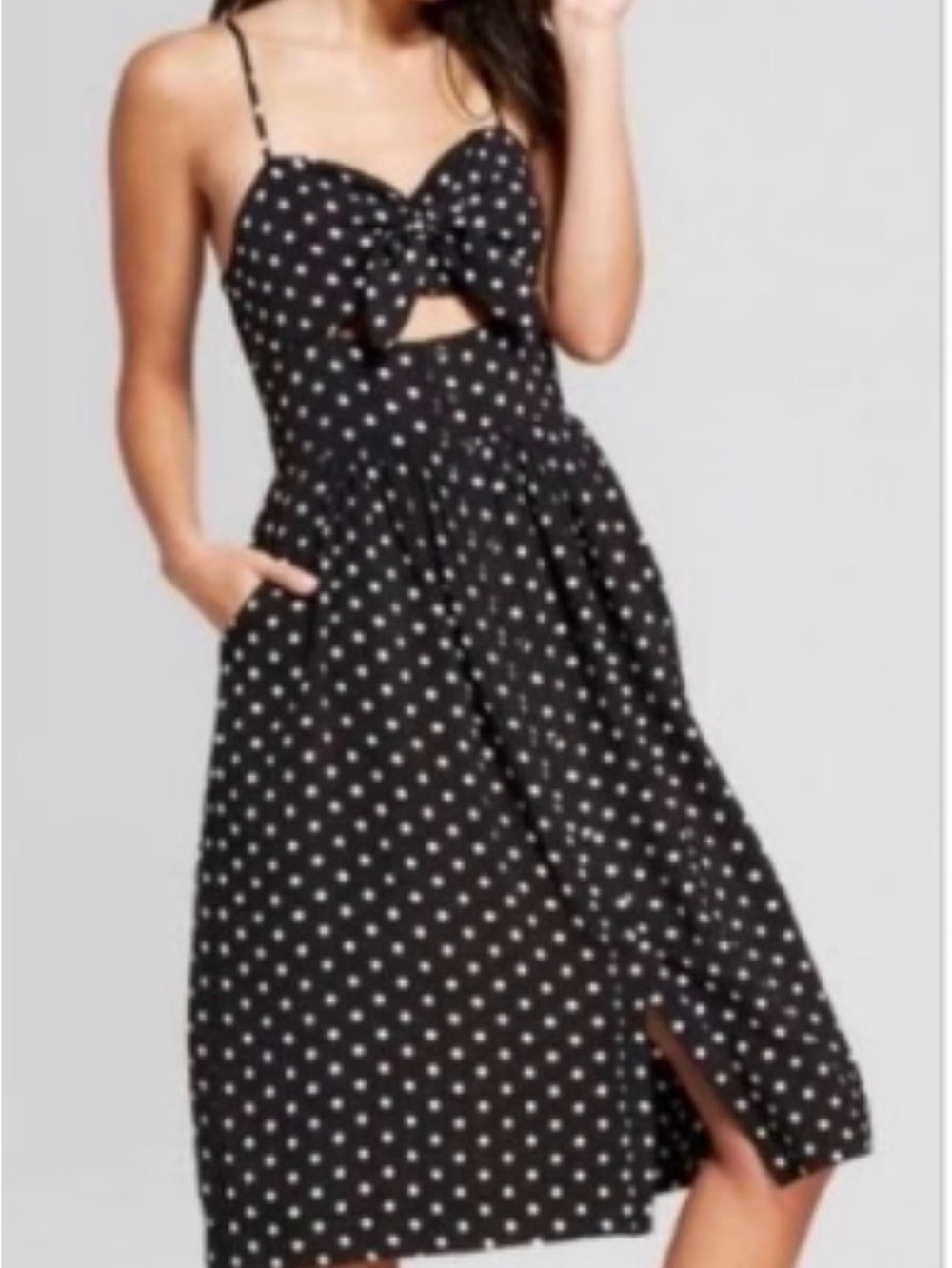 Xhilaration Black & White Polka Dot Midi Dress with Front Cutout